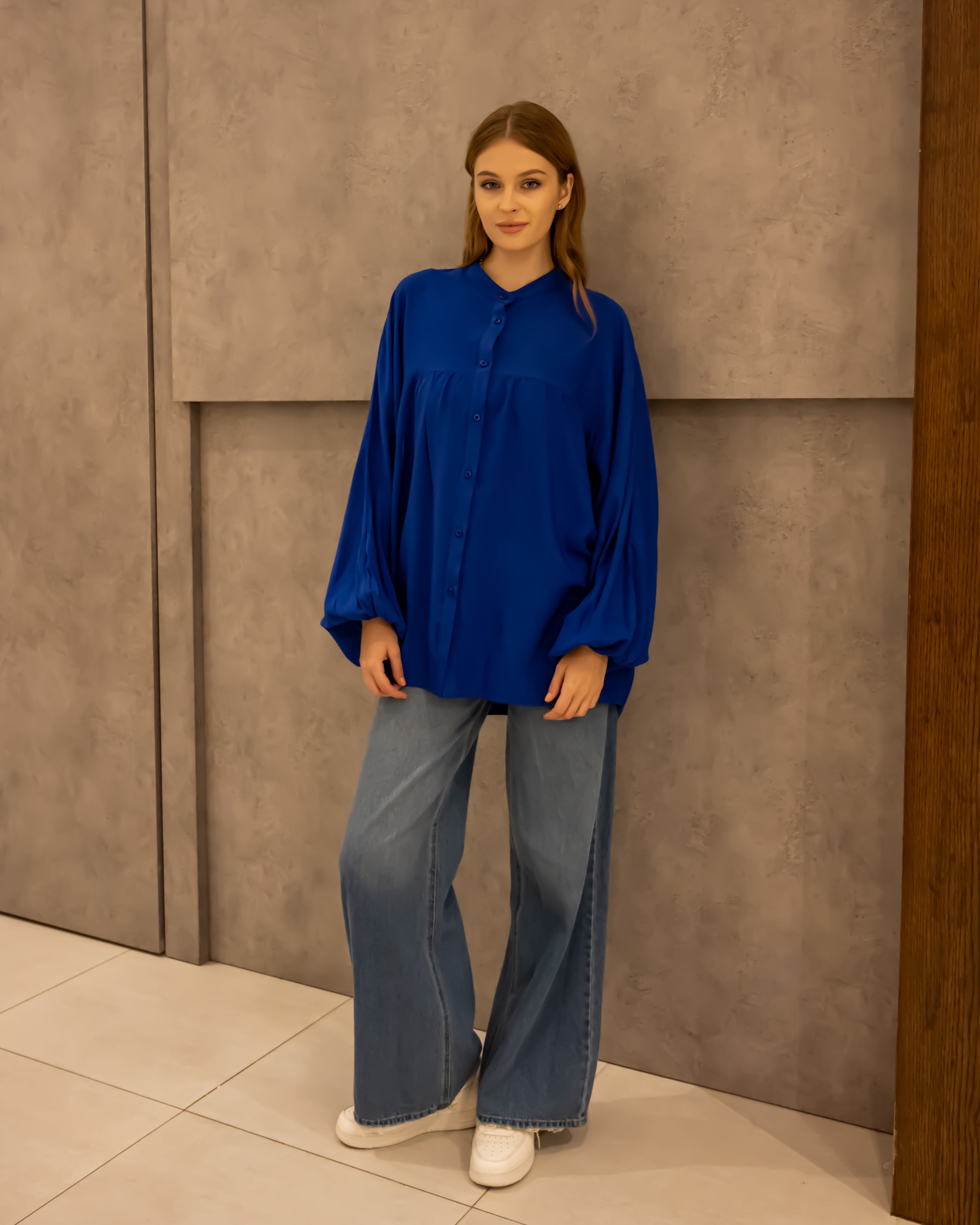 PLAIN OVERSIZED BLOUSE -BLUE