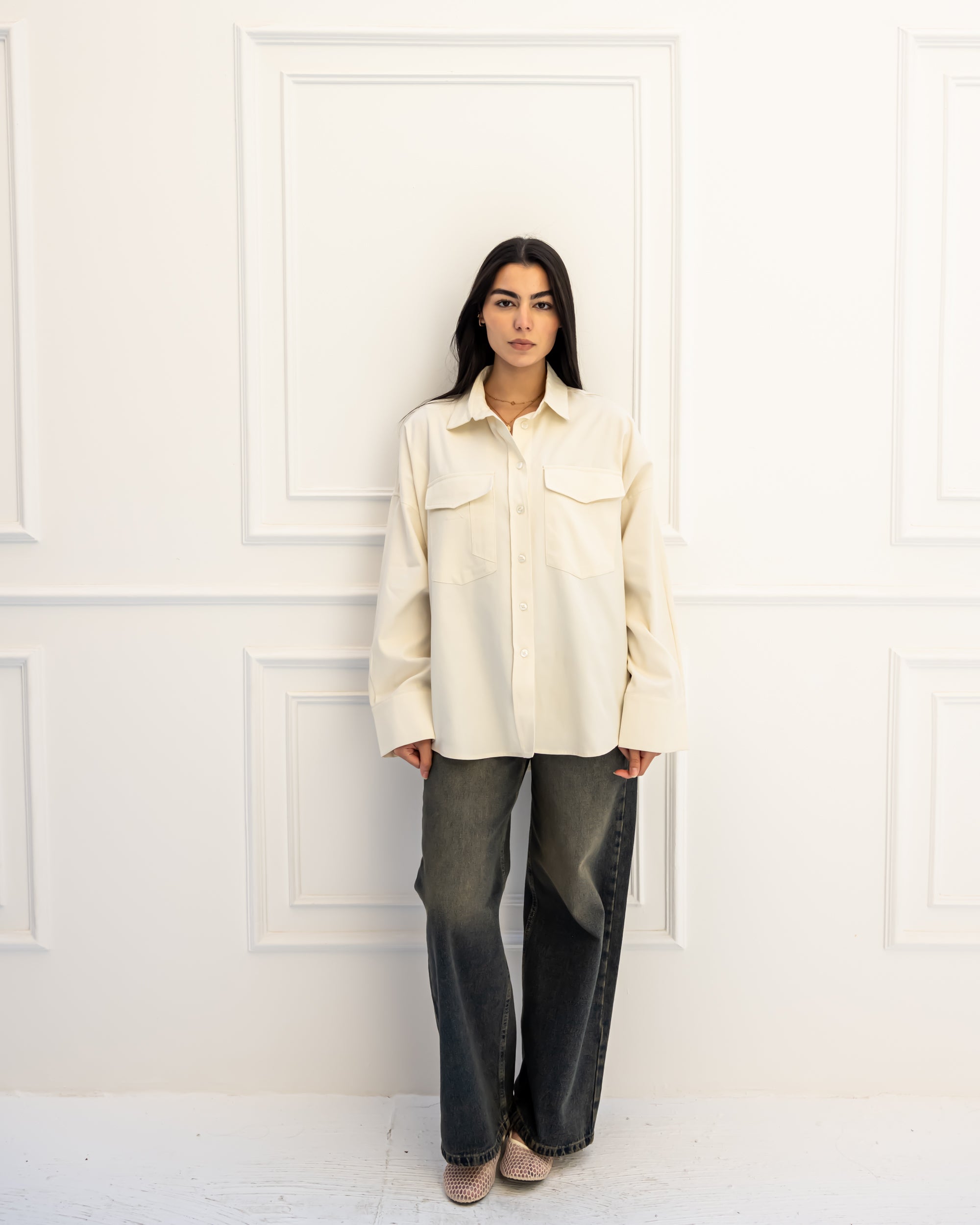 OVERSISED GABARDINE SHIRT-OFF WHITE