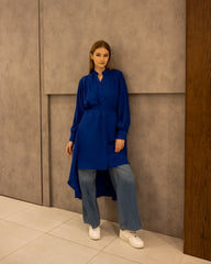 WITH BELT LINEN LONG SHIRT-BLUE