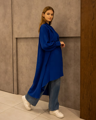 WITH BELT LINEN LONG SHIRT-BLUE