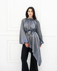 CRINKLE HIGH LOW BLOUSE-GRAY
