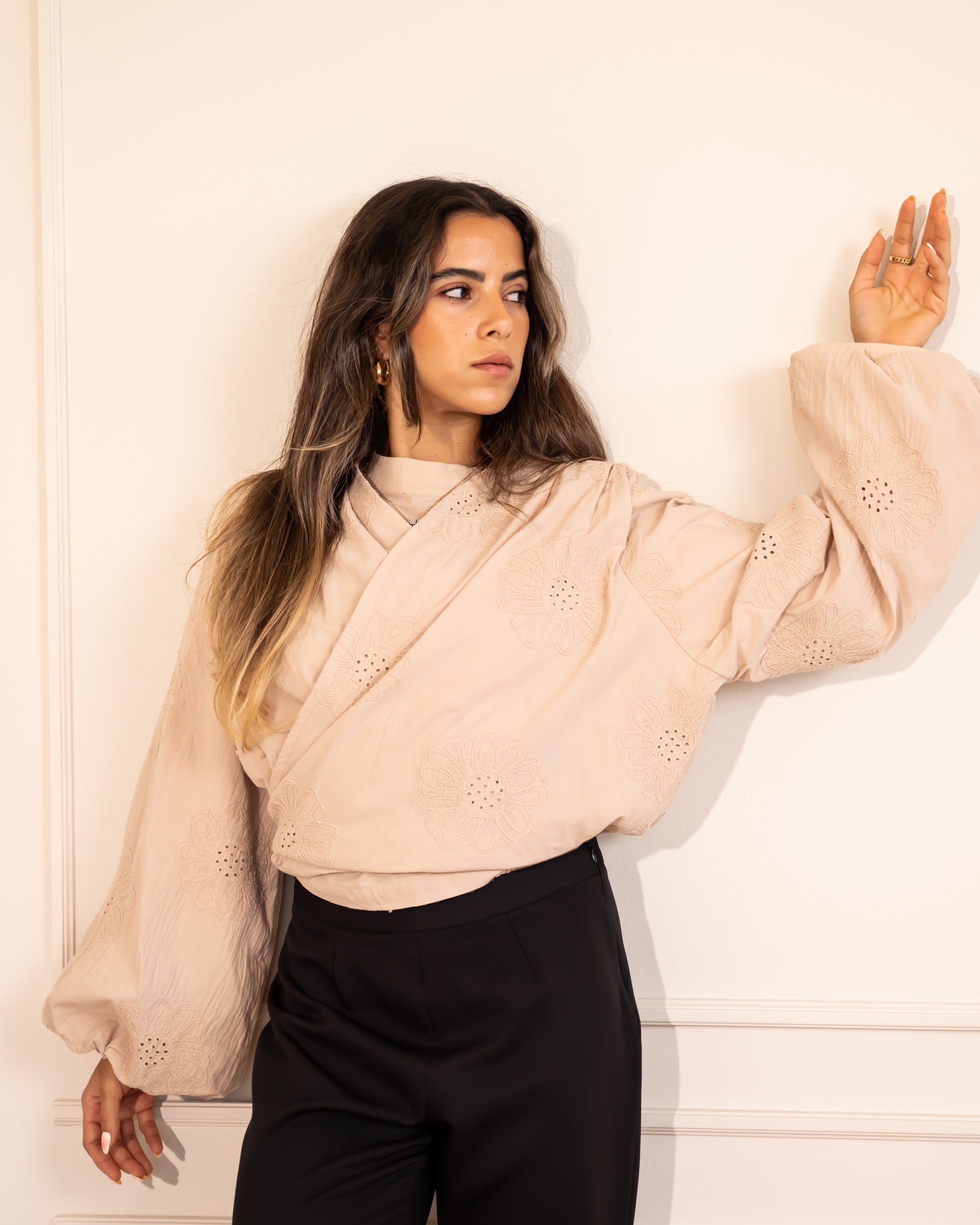 EMBROIDERED CROPPED BLOUSE -BEIGE