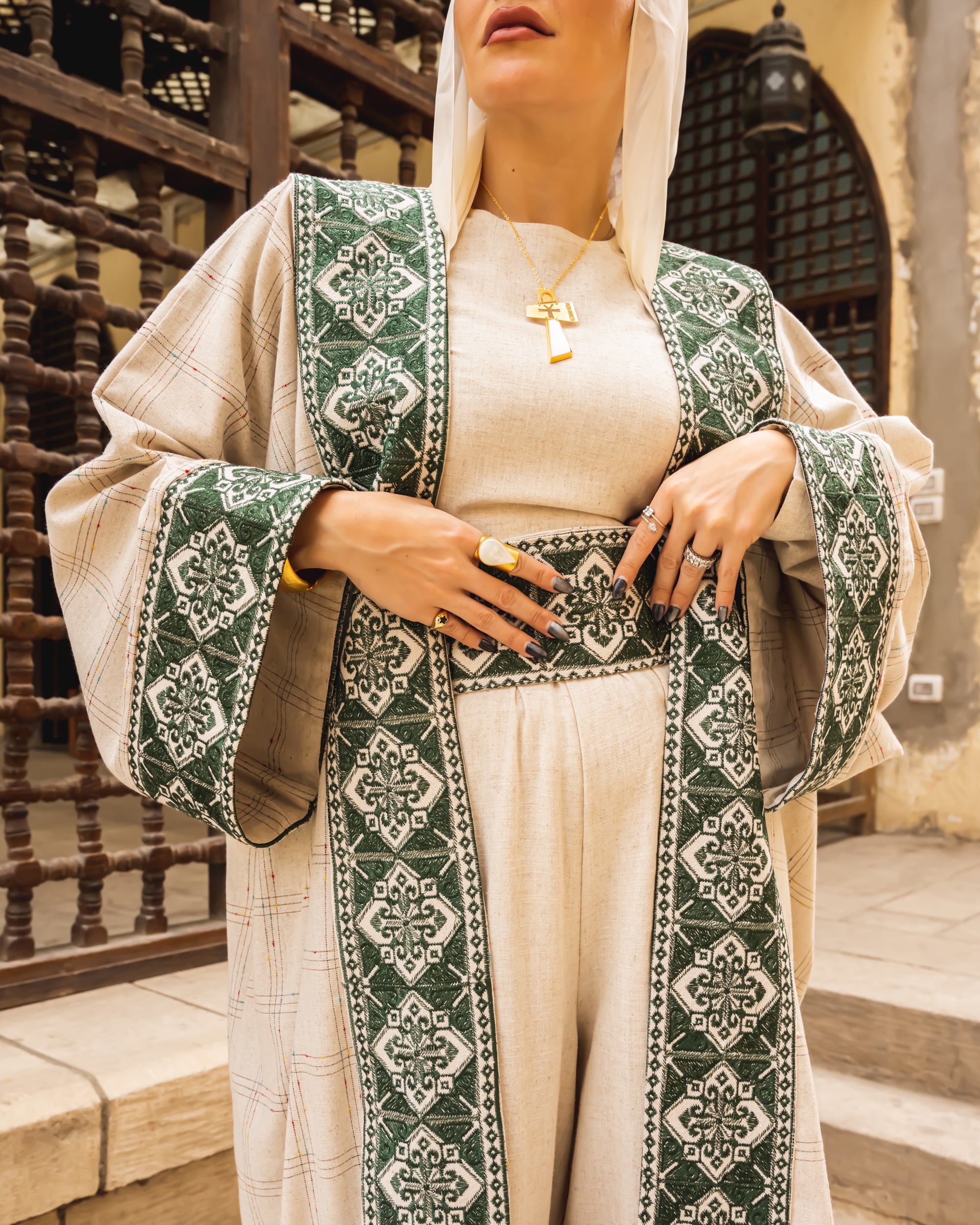 EMBROIDERED LINEN WITH BELT KAFTAN-PAIGE