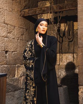 EMBROIDERED CREPE KAFTAN WITH BELT-BLACK