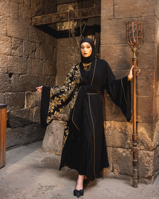 EMBROIDERED CREPE KAFTAN WITH BELT-BLACK