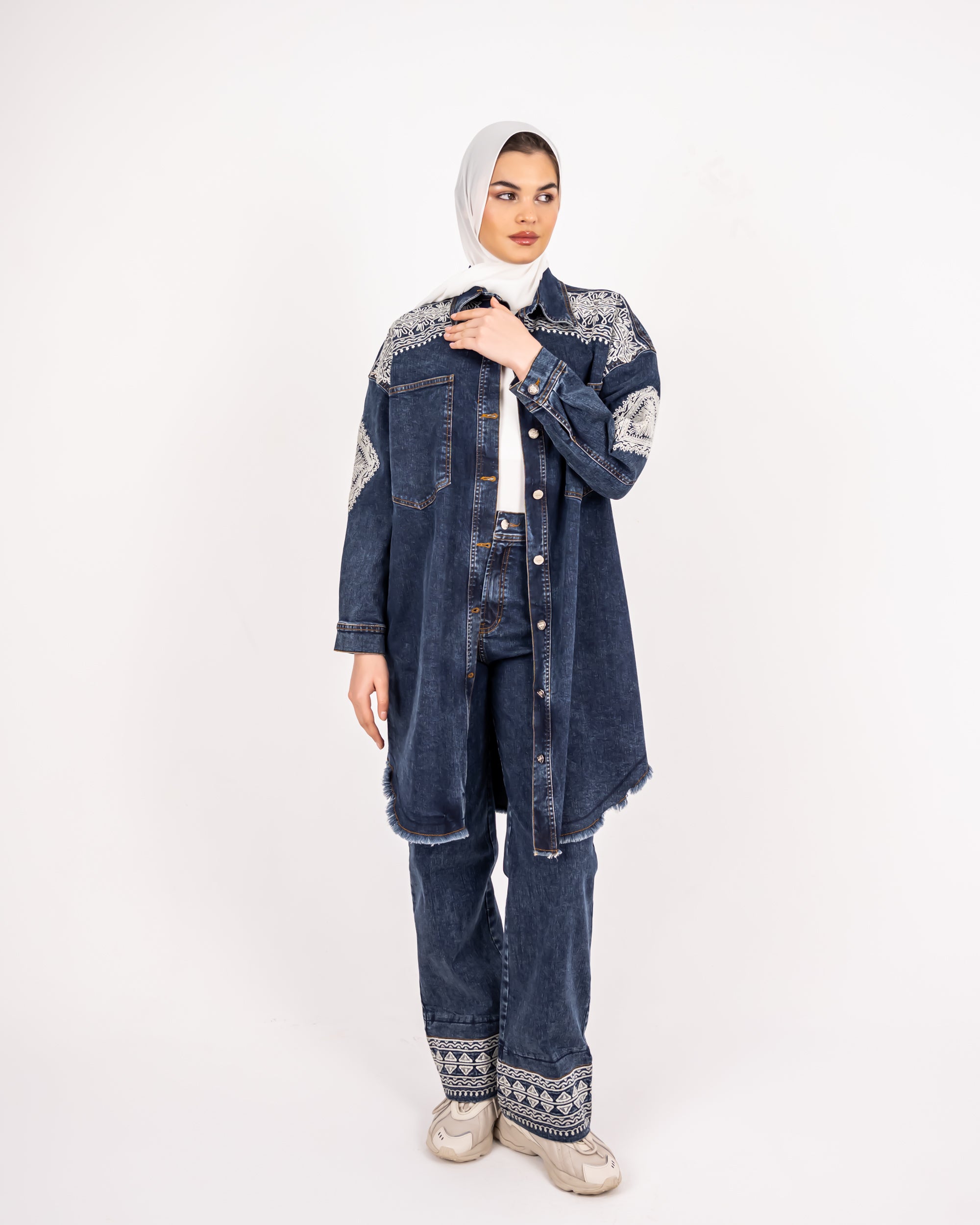 EMBROIDERED DENIM LONG OVERSHIRT -BLUE BLACK