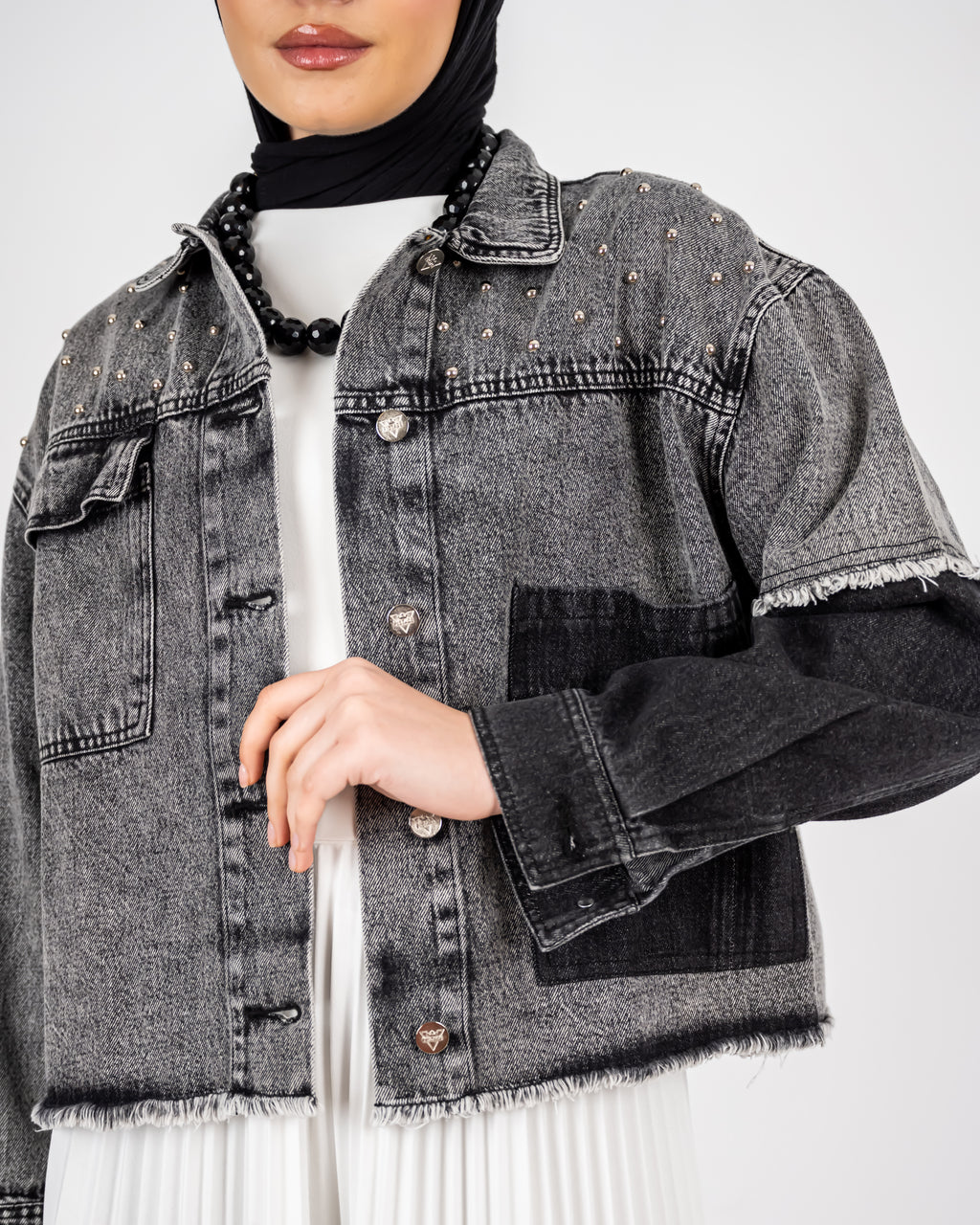 CROPPED DENIM JACKET -DARK GRAY