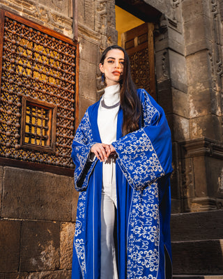 SILVER EMBROIDERED LINEN KAFTAN-BLUE