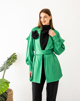 SATIN CARDIGAN WITH FLOWER -GREEN