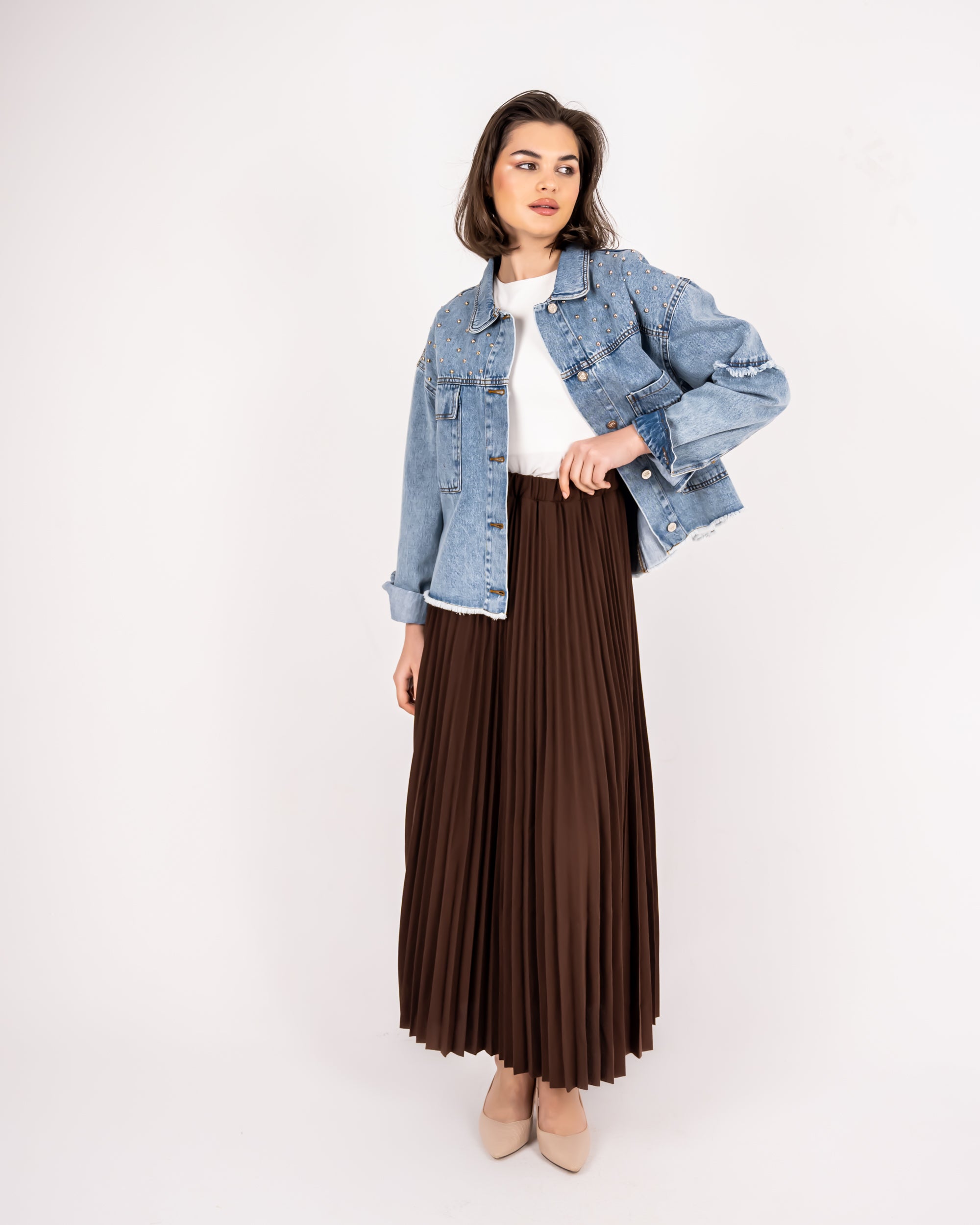 Plisse Skirt Crepe-BROWN