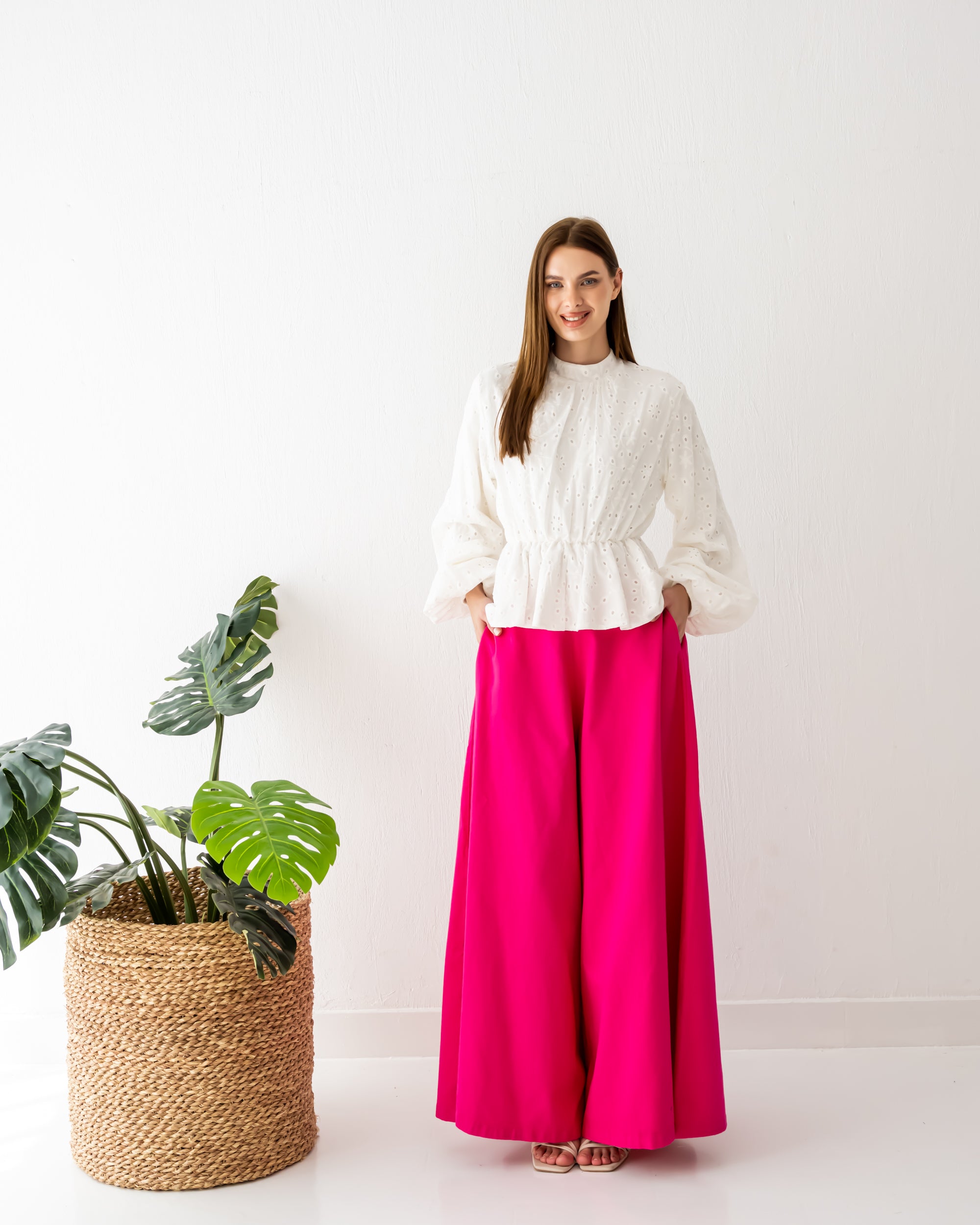 GABARDINE WIDE LEG PANTS-FOSHIA