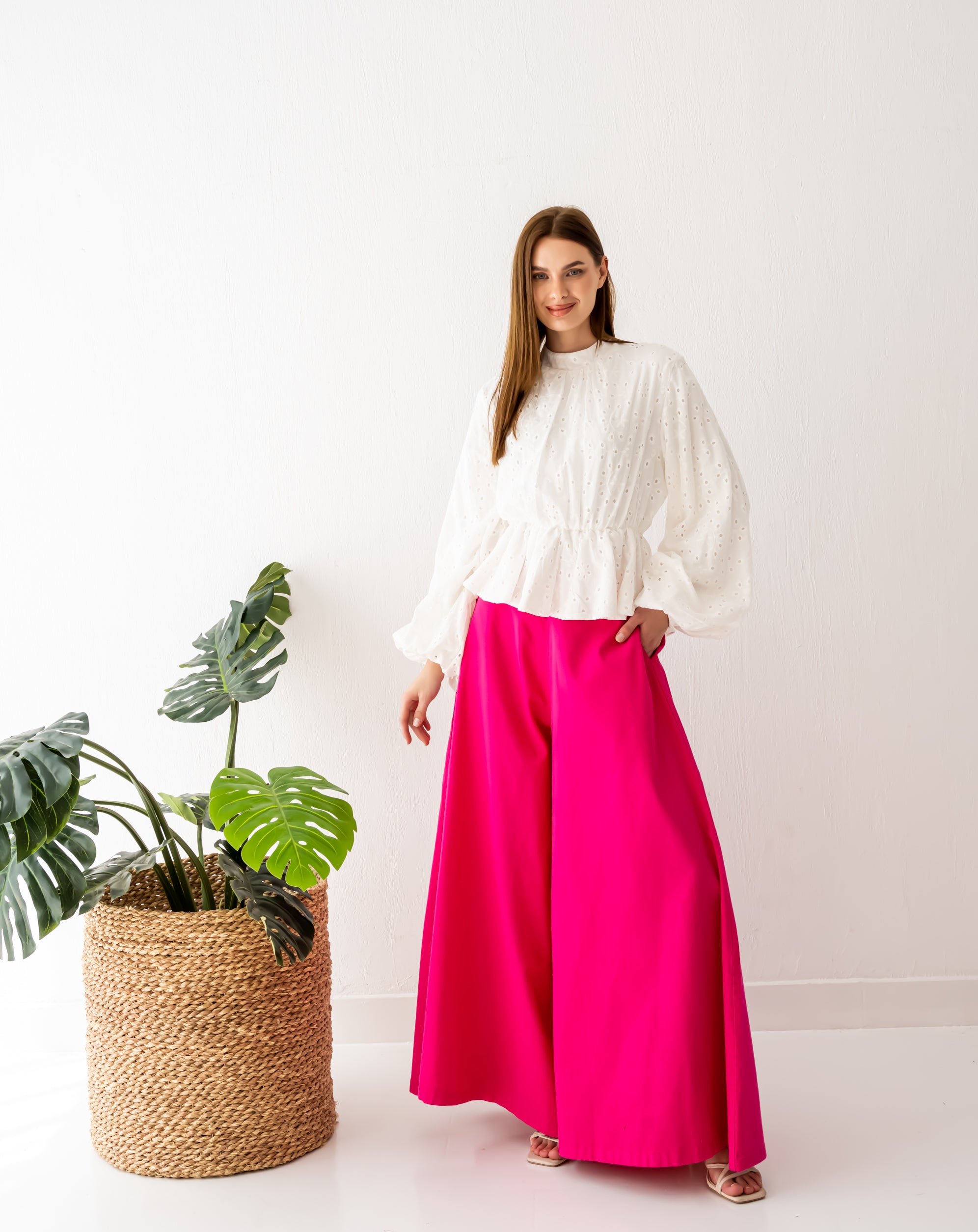 GABARDINE WIDE LEG PANTS-FOSHIA