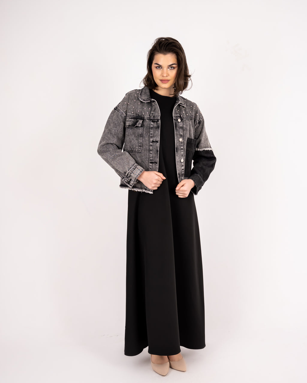 CROPPED DENIM JACKET -DARK GRAY