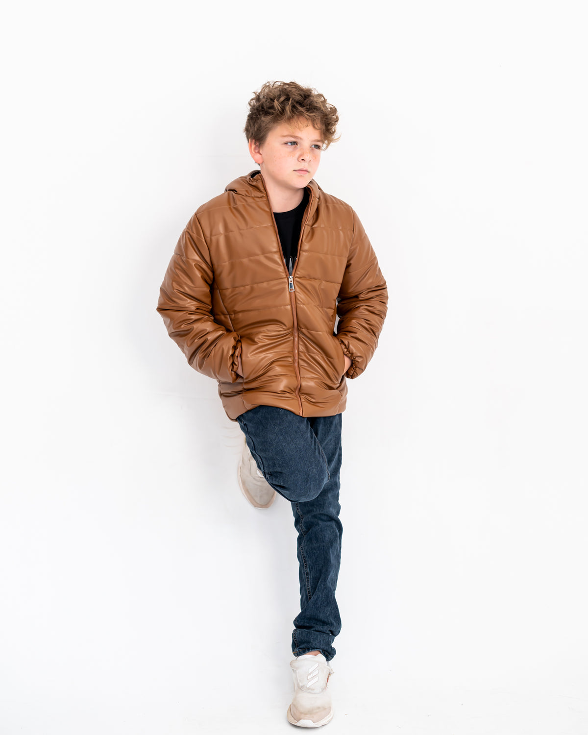 LEATHER PUFFER JACKET-BROWN