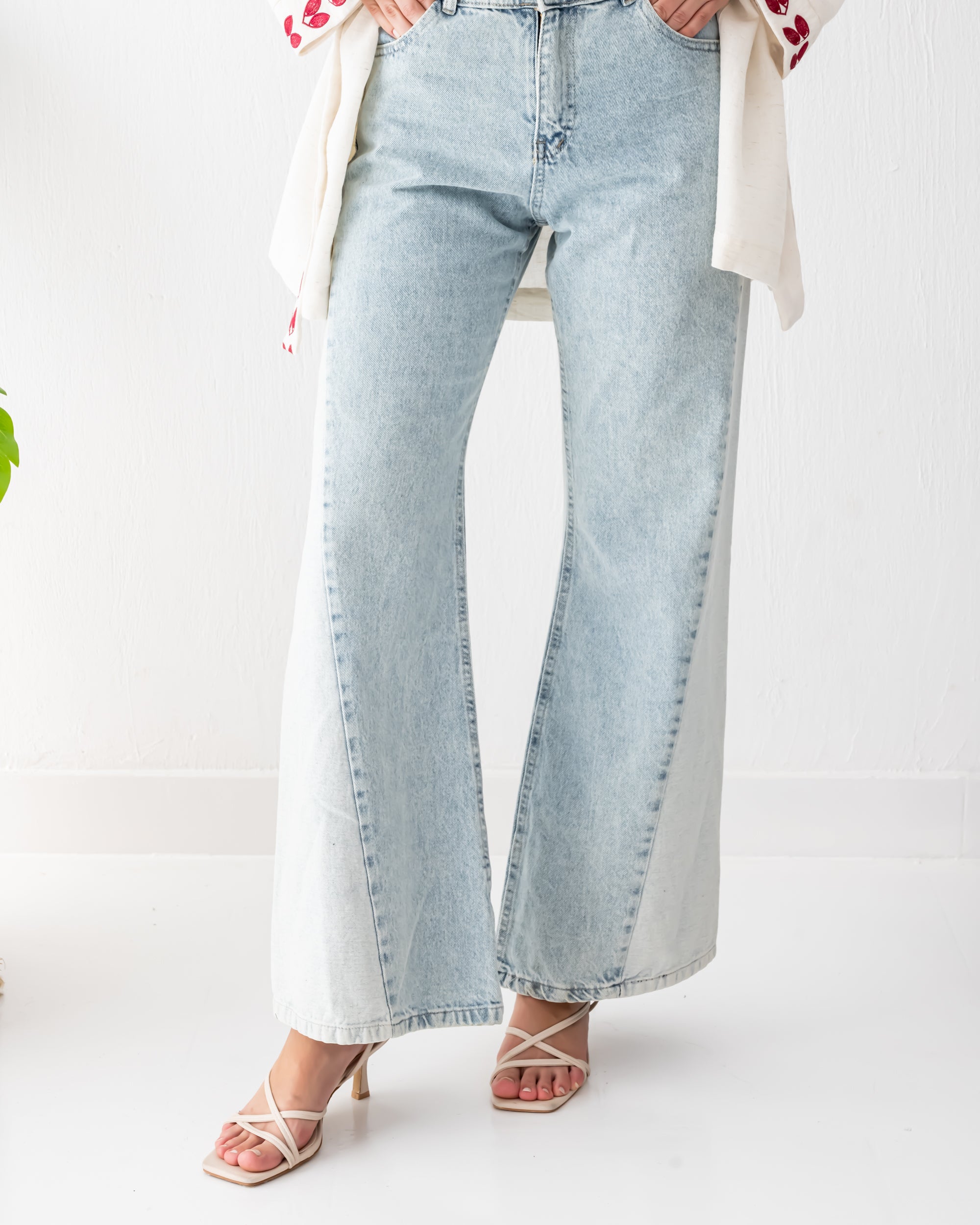 MIXED DENIM WIDE LEG PANTS-ICED