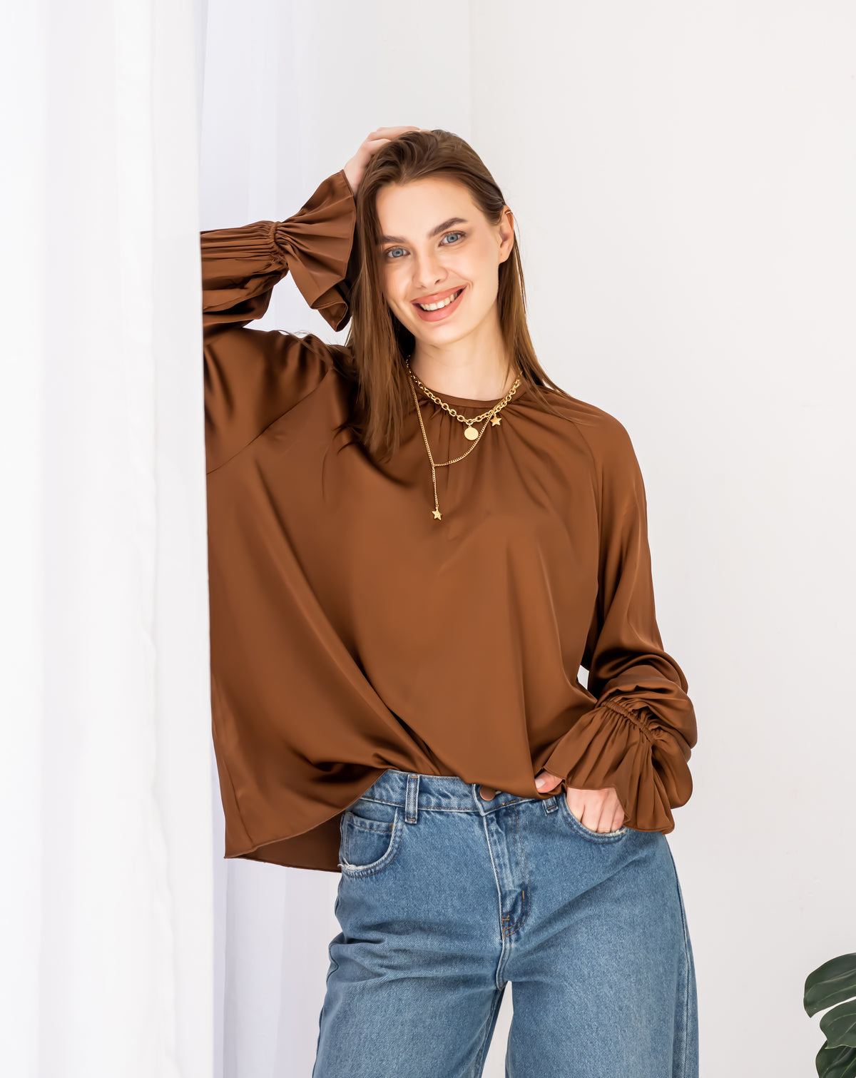 SATIN BLOUSE -BROWN