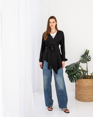 HIGH LOW LINEN BLOUSE-BLACK