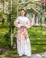 FLOWERED CHIFFON DRESS-WHITE