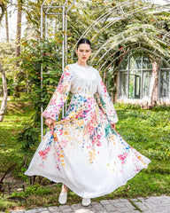 FLOWERED CHIFFON DRESS-WHITE