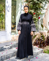 BUFFY SLEEVES EMBROIDERED LINEN DRESS-BLACK