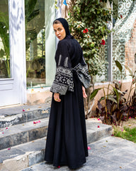 BUFFY SLEEVES EMBROIDERED LINEN DRESS-BLACK