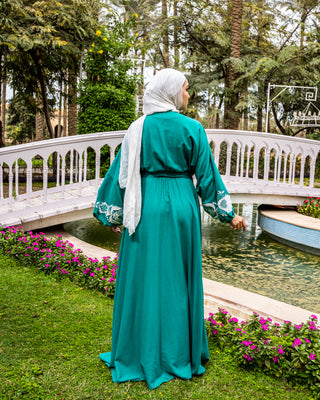 EMBROIDERED LINEN DRESS -GREEN