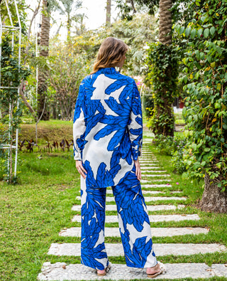 LEAVES PRINTED LINEN PANT-BLUE