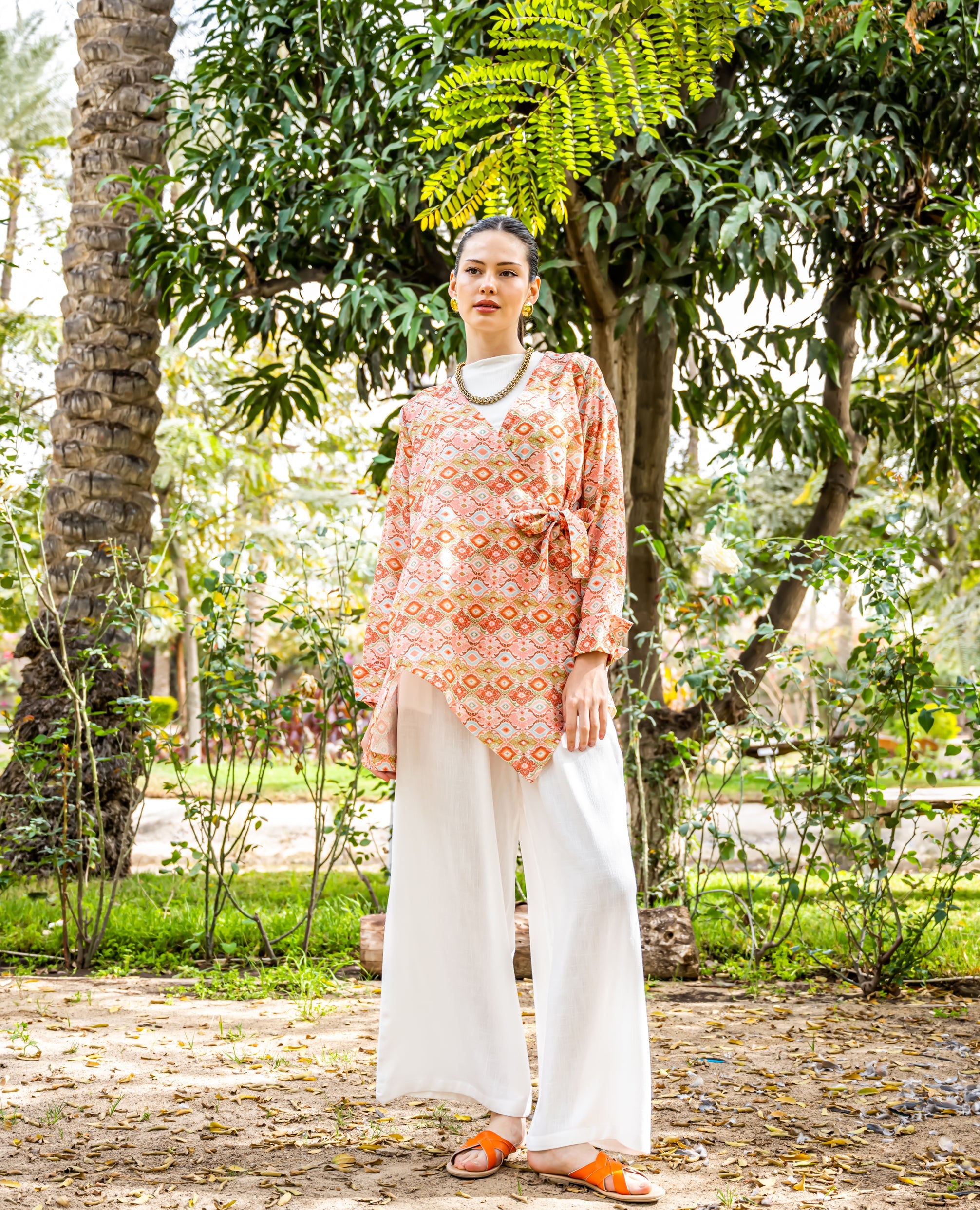 HIGH LOW PRINTED LINEN BLOUSE-ORANGE
