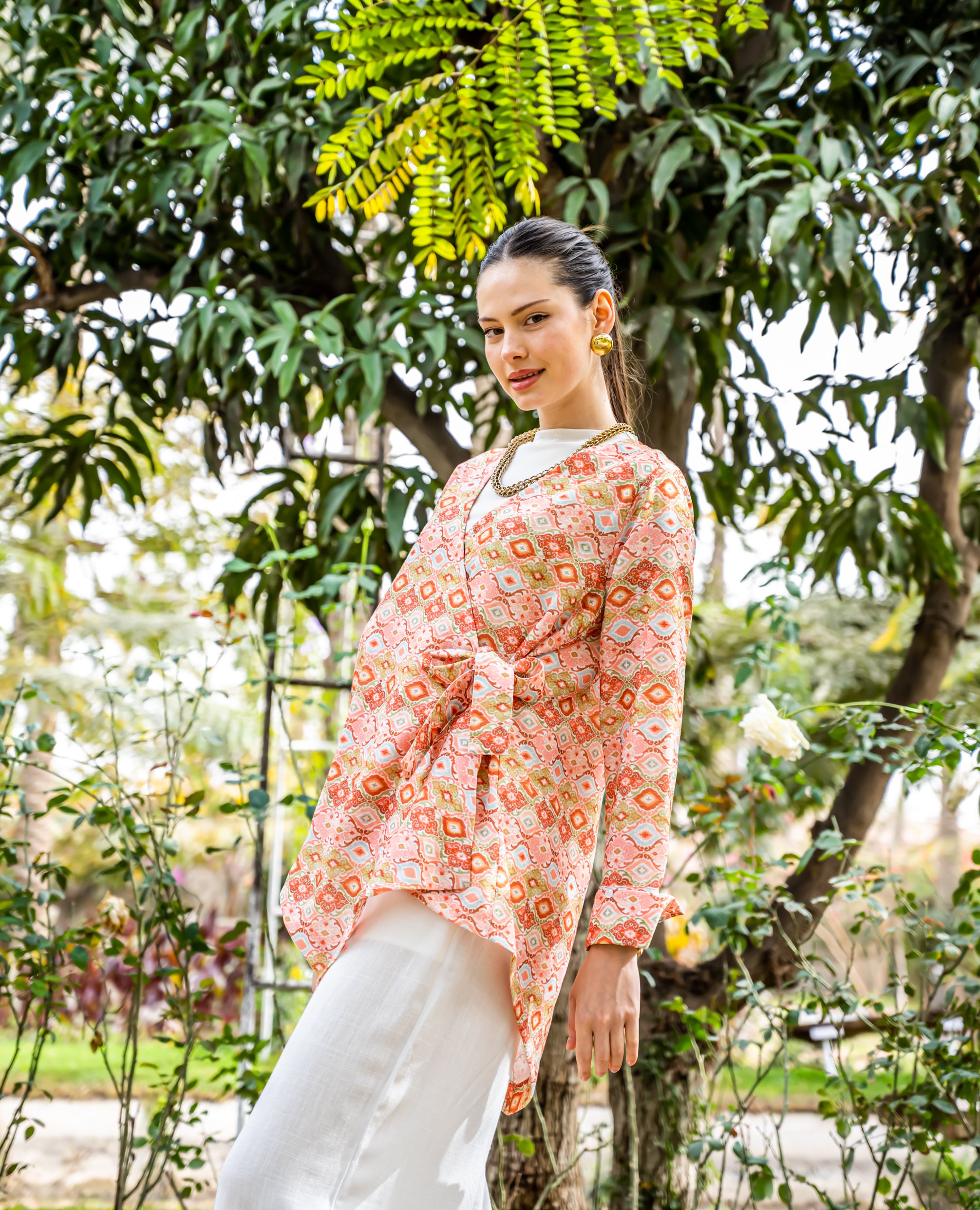HIGH LOW PRINTED LINEN BLOUSE-ORANGE