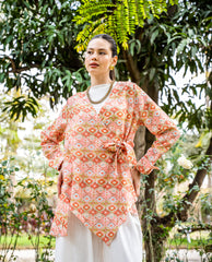HIGH LOW PRINTED LINEN BLOUSE-ORANGE