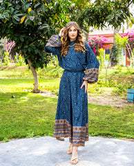 BUFFY SLEEVES PRINTED BLOUSE-BLUE BLACK
