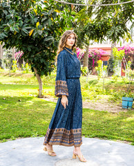 BUFFY SLEEVES PRINTED BLOUSE-BLUE BLACK