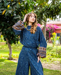 BUFFY SLEEVES PRINTED BLOUSE-BLUE BLACK