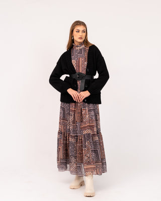 CHIFFON RUFFLED DRESS-BROWN