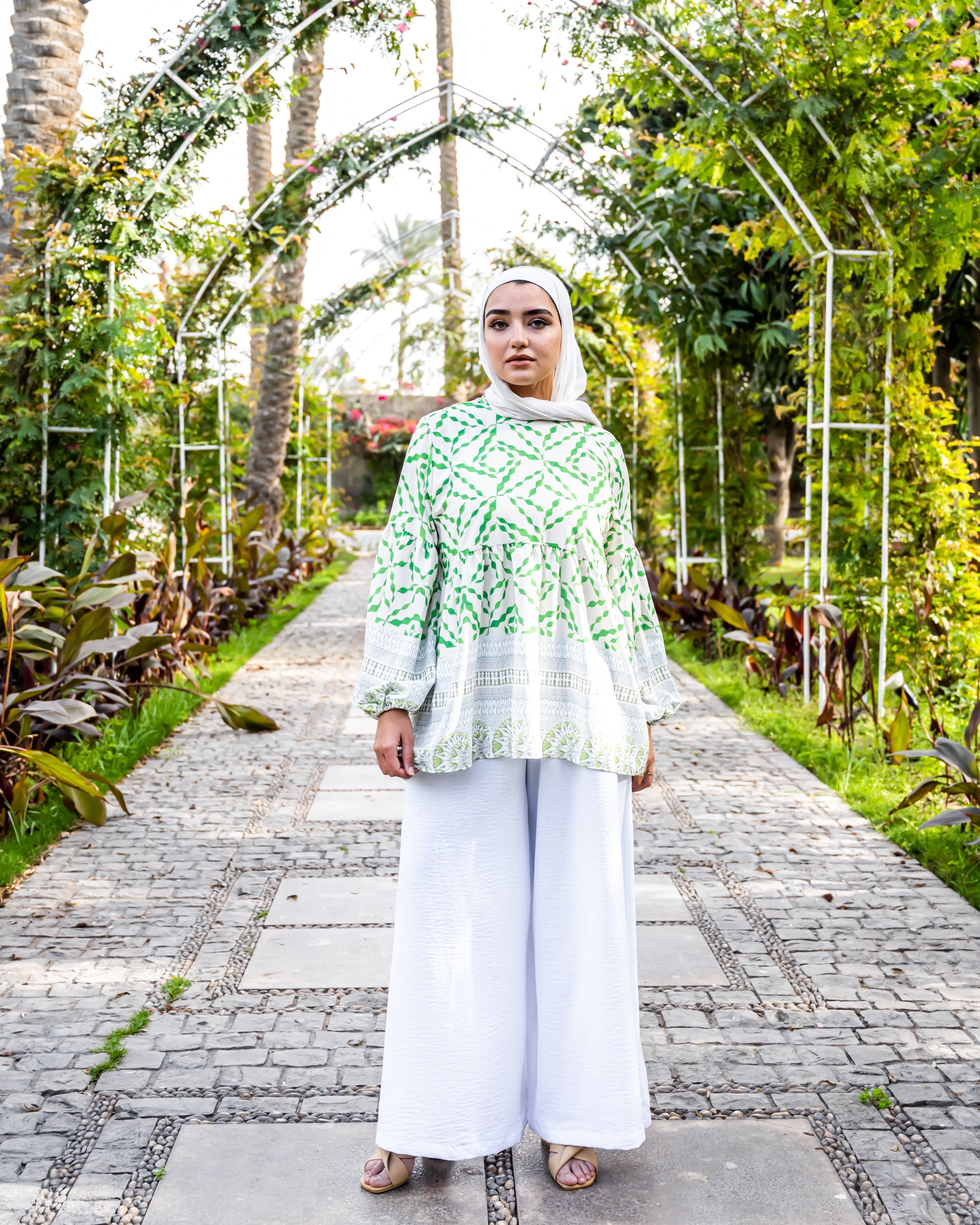 BORDERED PRINTED BLOUSE -GREEN