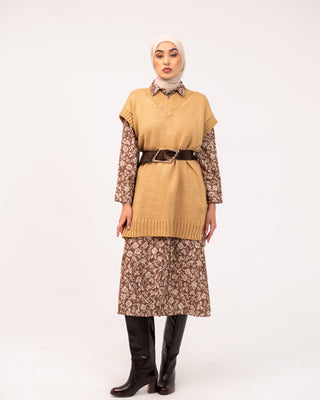 FLOWERED LONG OVERSHIRT -BROWN