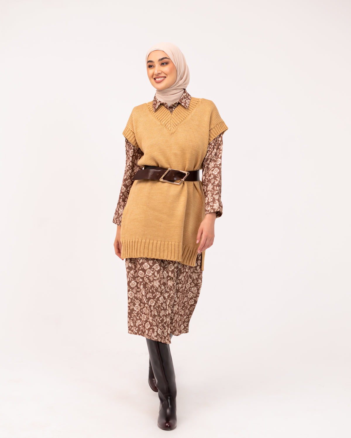 FLOWERED LONG OVERSHIRT -BROWN