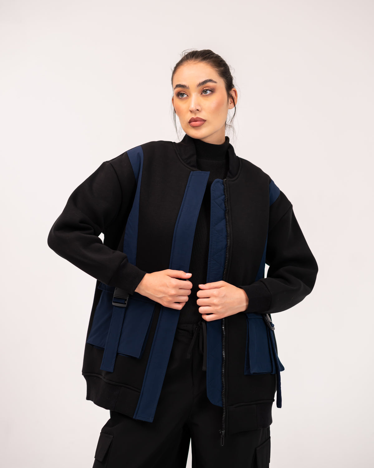 MIXED LONG JACKET -BLUE BLACK