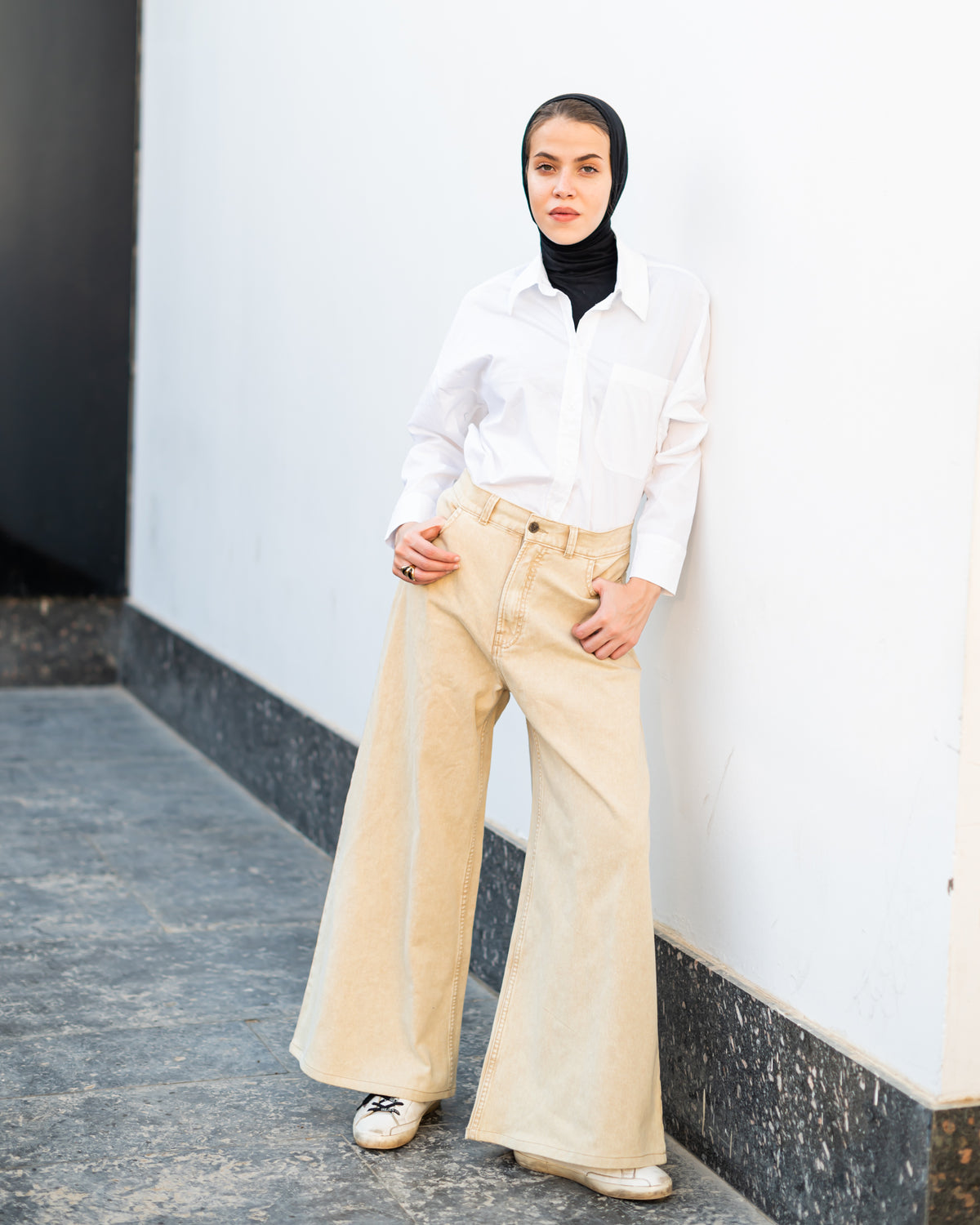 DENIM WIDE LEG PANTS -BEIGE