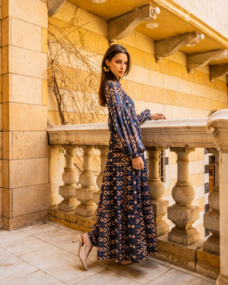 PRINTED LINEN DRESS -BLUE BLACK