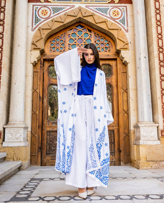 EMBROIDERED FLOWERED LINEN KAFTAN -WHITE