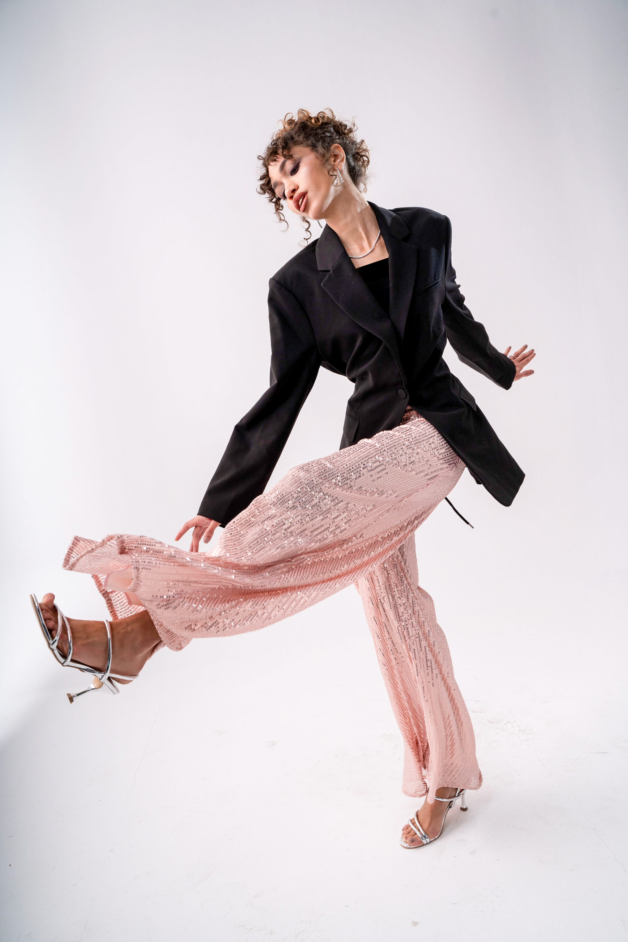 GLITTER WIDE LEG PANTS-NUDE