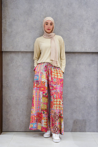 PRINTED WIDE LEG PANT-FOSHIA