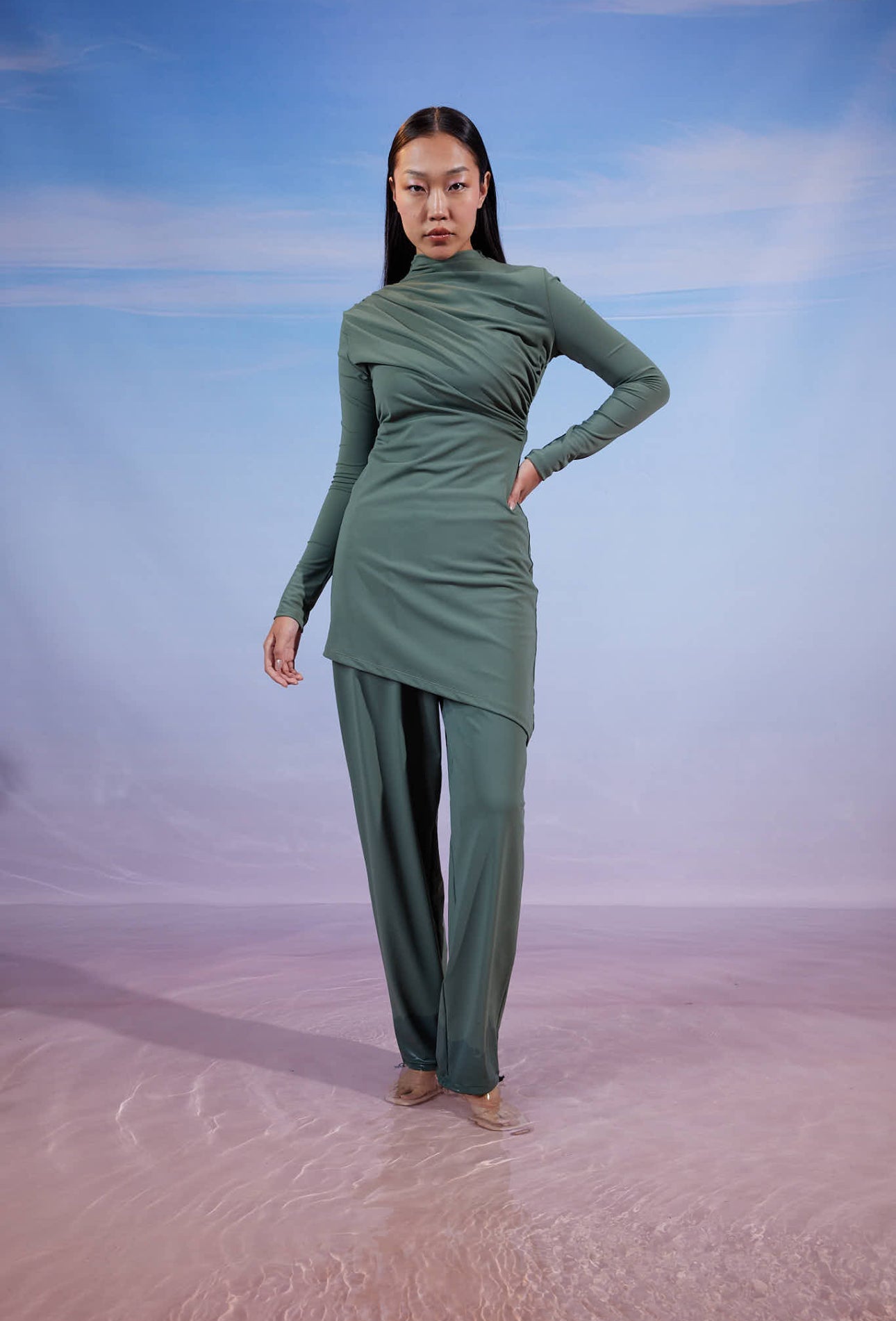 DRAPPED SWIMSUIT TOP-OLIVE  ( MODEST LOOK )