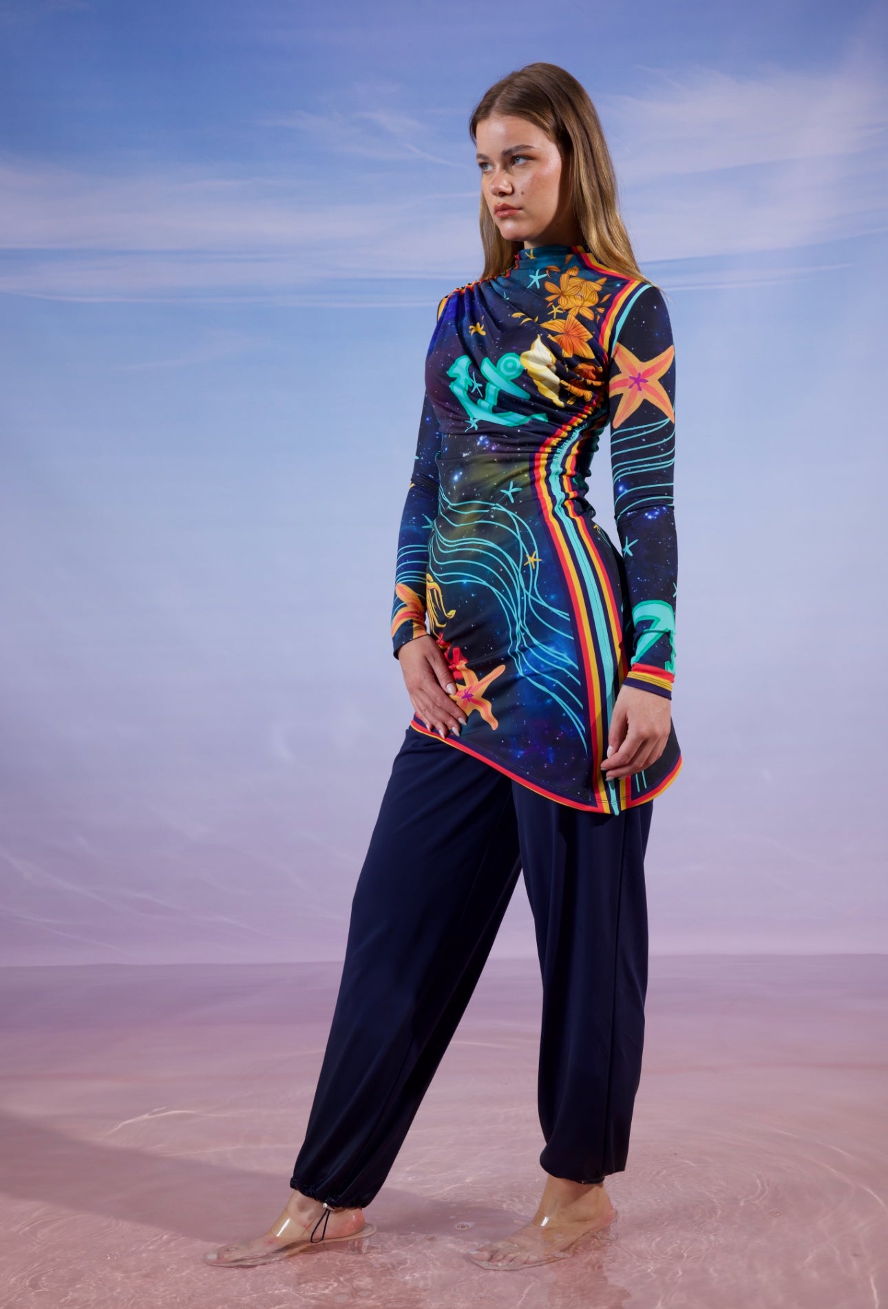 GALAXY STAR SWIMSUIT TOP-BLUE BLACK ( ( MODEST LOOK )