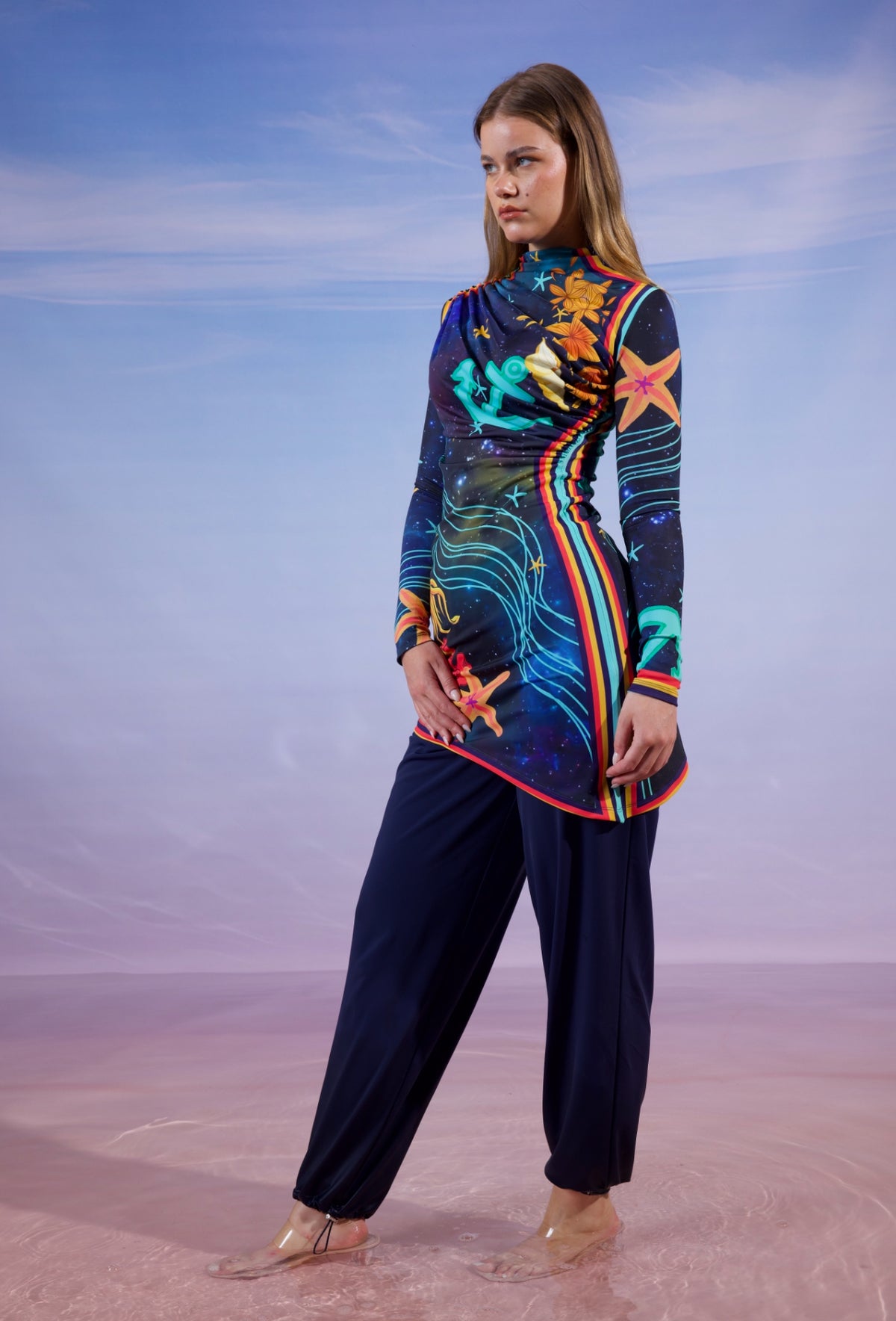 GALAXY STAR SWIMSUIT TOP-BLUE BLACK ( ( MODEST LOOK )