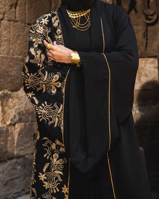 EMBROIDERED CREPE KAFTAN WITH BELT-BLACK