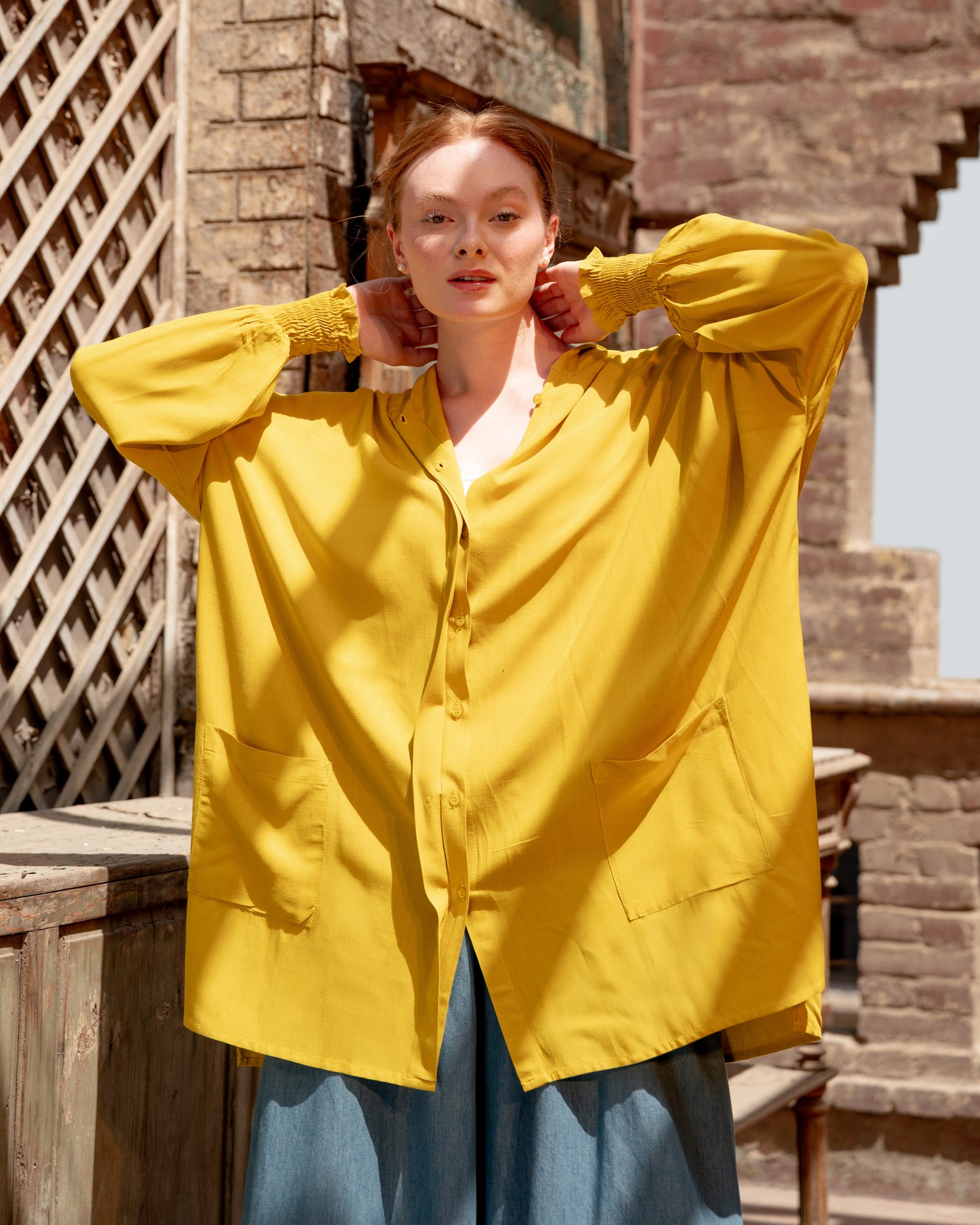 WITH HOODIE LINEN SHIRT-YELLOW