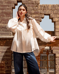 LACE RIBBON OVERSIZED BLOUSE-OFF WHITE