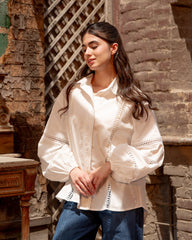 LACE RIBBON OVERSIZED BLOUSE-OFF WHITE